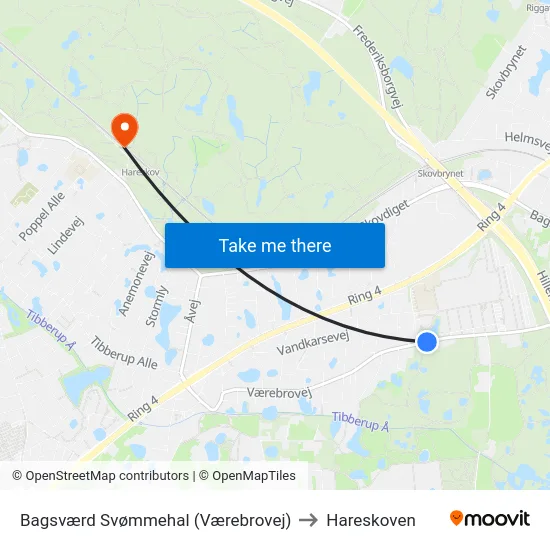 Bagsværd Svømmehal (Værebrovej) to Hareskoven map