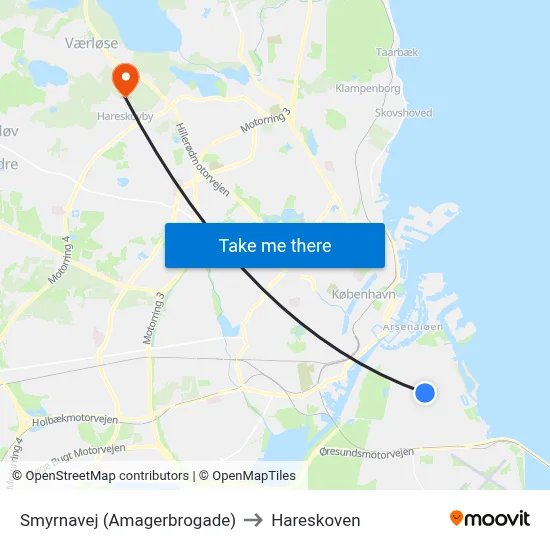 Smyrnavej (Amagerbrogade) to Hareskoven map