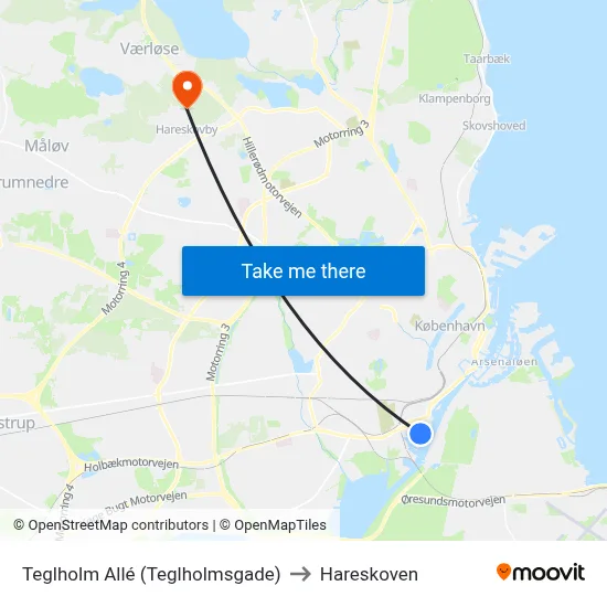 Teglholm Allé (Teglholmsgade) to Hareskoven map