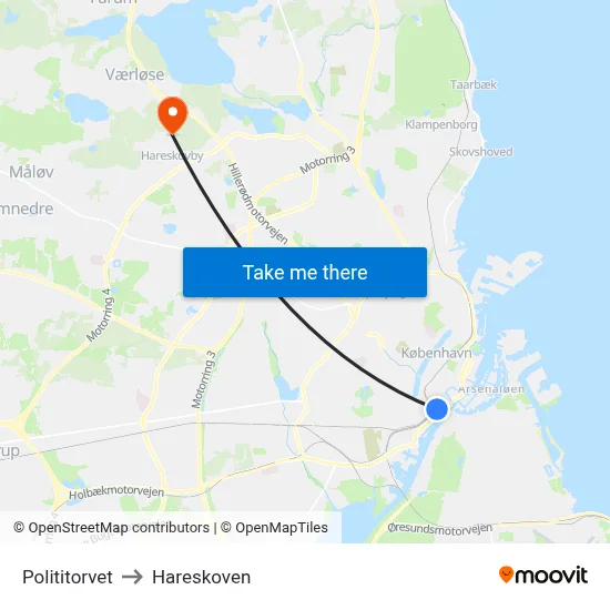Polititorvet to Hareskoven map