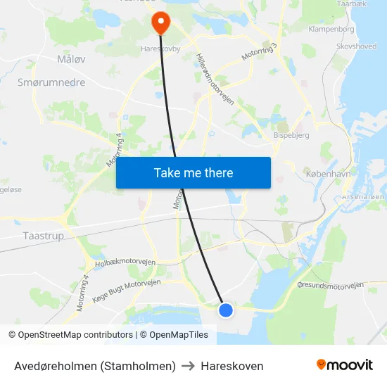 Avedøreholmen (Stamholmen) to Hareskoven map