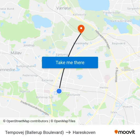 Tempovej (Ballerup Boulevard) to Hareskoven map