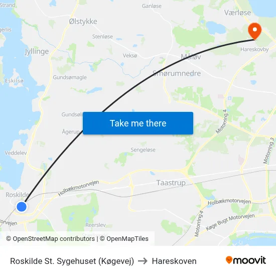 Roskilde St. Sygehuset (Køgevej) to Hareskoven map