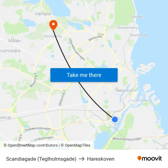 Scandiagade (Teglholmsgade) to Hareskoven map