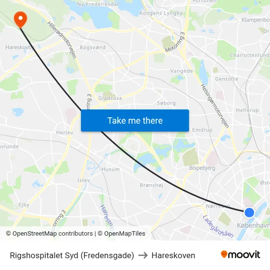 Rigshospitalet Syd (Fredensgade) to Hareskoven map