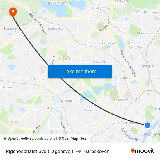 Rigshospitalet Syd (Tagensvej) to Hareskoven map
