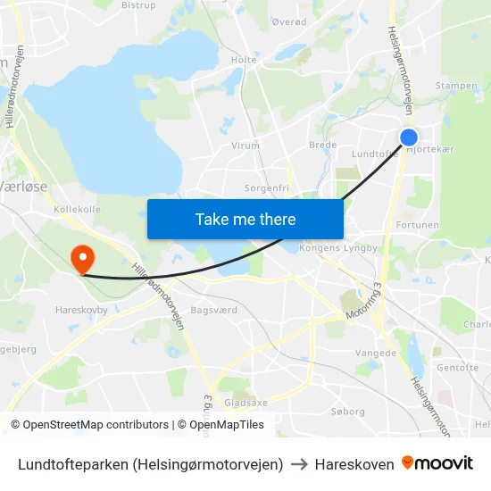 Lundtofteparken (Helsingørmotorvejen) to Hareskoven map