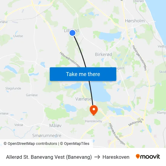 Allerød St. Banevang Vest (Banevang) to Hareskoven map