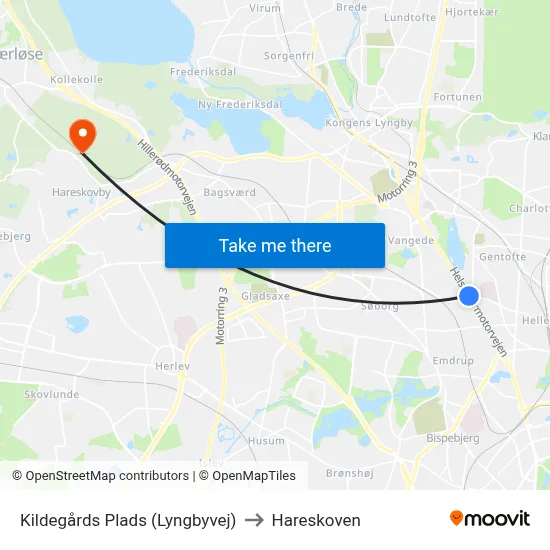 Kildegårds Plads (Lyngbyvej) to Hareskoven map