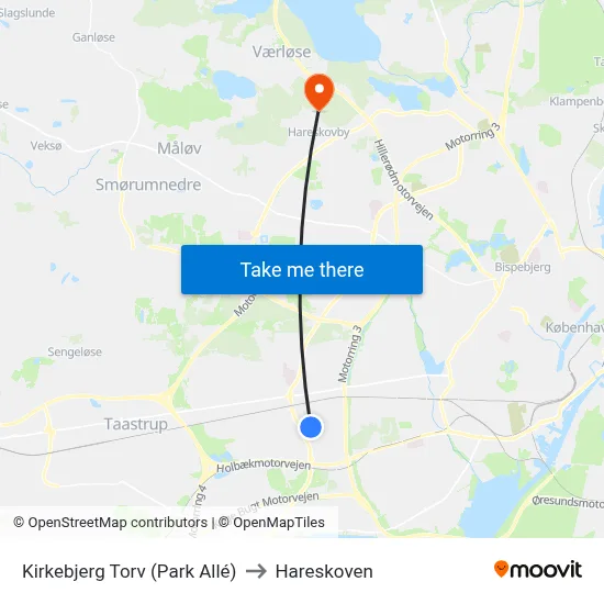 Kirkebjerg Torv (Park Allé) to Hareskoven map