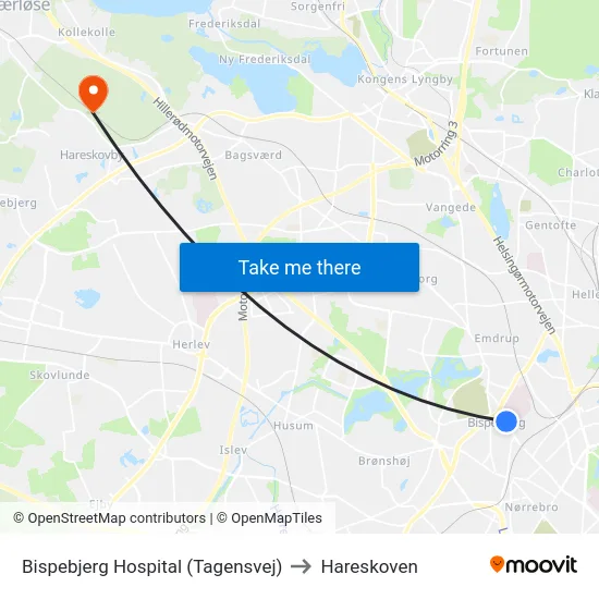 Bispebjerg Hospital (Tagensvej) to Hareskoven map
