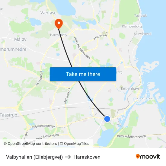 Valbyhallen (Ellebjergvej) to Hareskoven map
