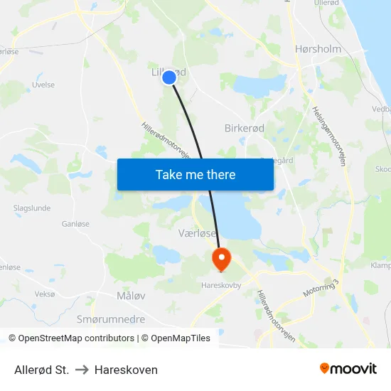 Allerød St. to Hareskoven map