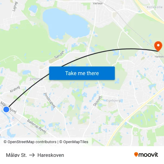 Måløv St. to Hareskoven map