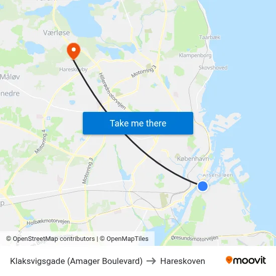 Klaksvigsgade (Amager Boulevard) to Hareskoven map