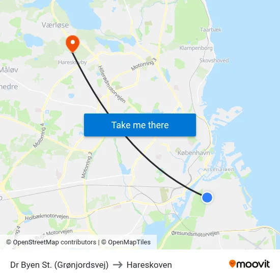 Dr Byen St. (Grønjordsvej) to Hareskoven map