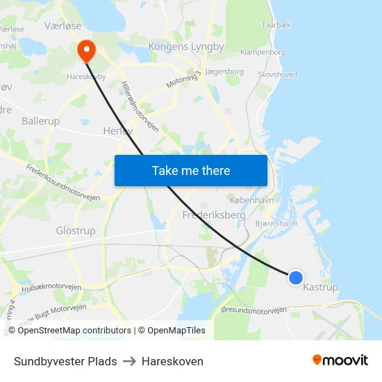 Sundbyvester Plads to Hareskoven map