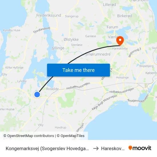 Kongemarksvej (Svogerslev Hovedgade) to Hareskoven map