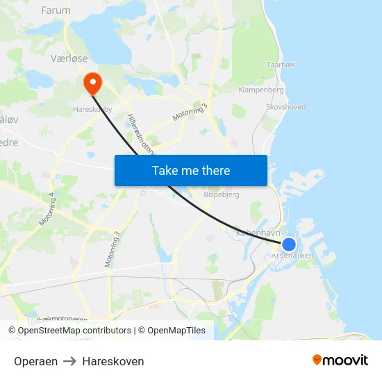 Operaen to Hareskoven map