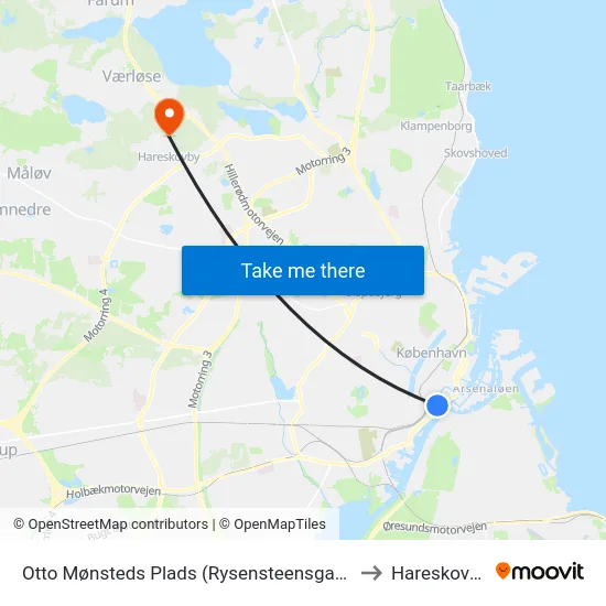 Otto Mønsteds Plads (Rysensteensgade) to Hareskoven map