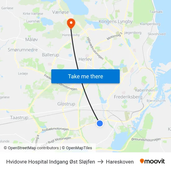 Hvidovre Hospital Indgang Øst Sløjfen to Hareskoven map