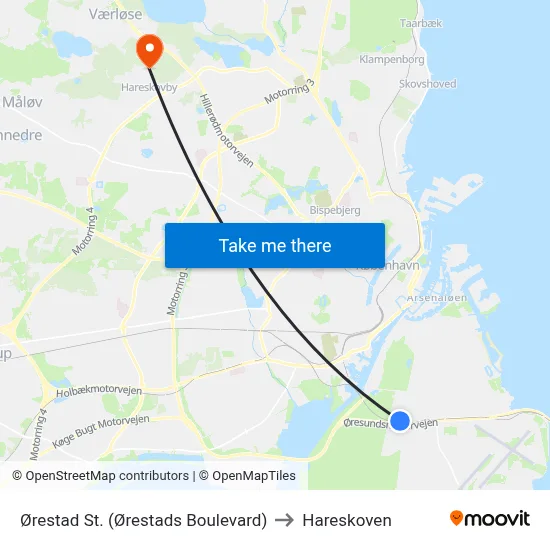 Ørestad St. (Ørestads Boulevard) to Hareskoven map
