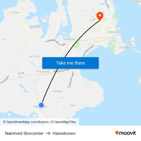 Næstved Storcenter to Hareskoven map