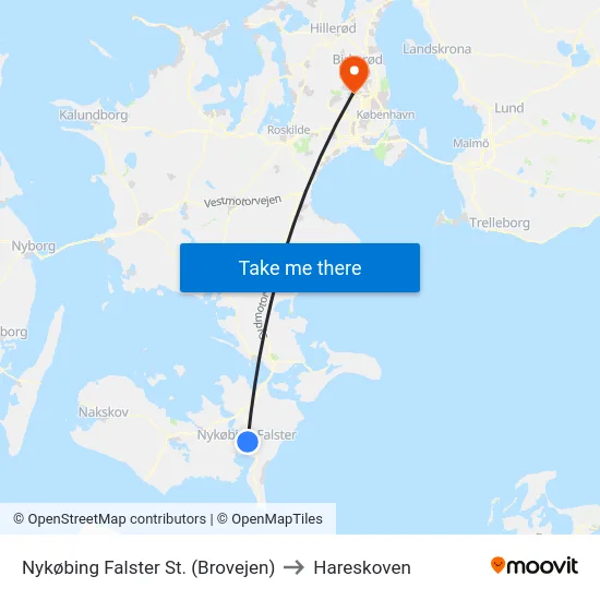 Nykøbing Falster St. (Brovejen) to Hareskoven map