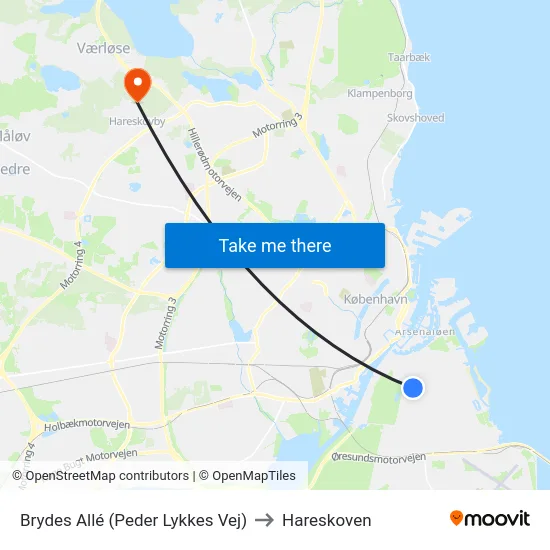 Brydes Allé (Peder Lykkes Vej) to Hareskoven map