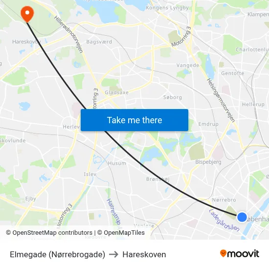 Elmegade (Nørrebrogade) to Hareskoven map