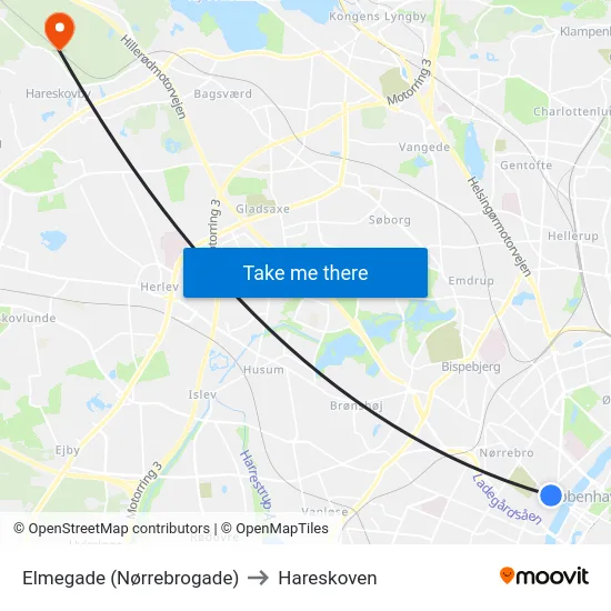Elmegade (Nørrebrogade) to Hareskoven map