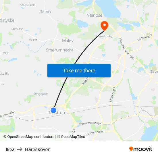 Ikea to Hareskoven map