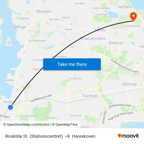 Roskilde St. (Stationscentret) to Hareskoven map