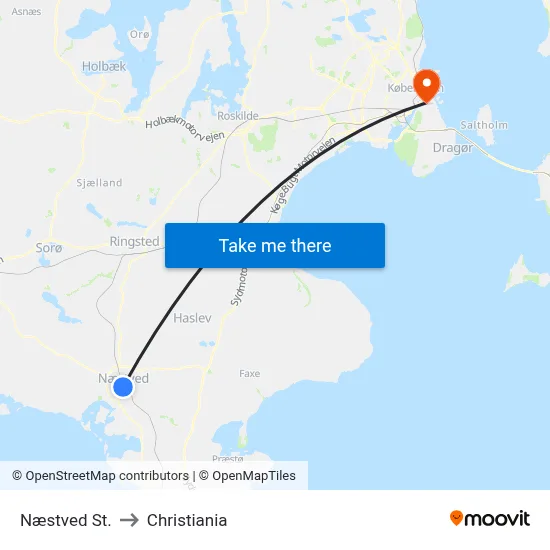Næstved St. to Christiania map