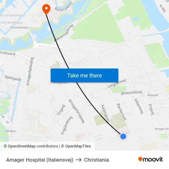 Amager Hospital (Italiensvej) to Christiania map