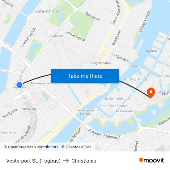 Vesterport St. (Togbus) to Christiania map