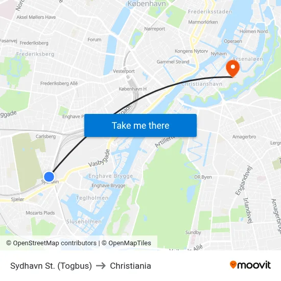Sydhavn St. (Togbus) to Christiania map