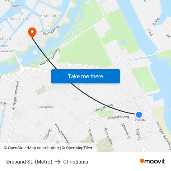 Øresund St. (Metro) to Christiania map