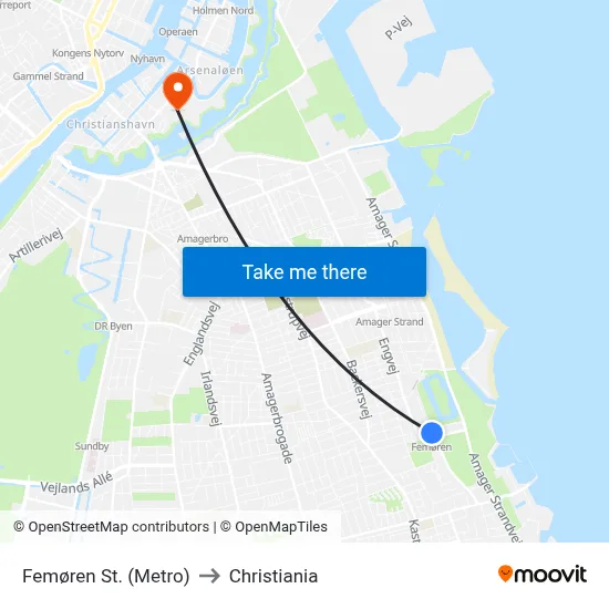 Femøren St. (Metro) to Christiania map