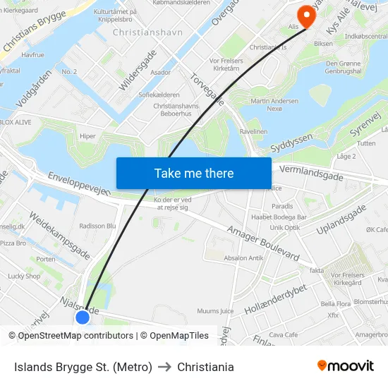 Islands Brygge St. (Metro) to Christiania map