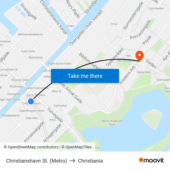 Christianshavn St. (Metro) to Christiania map