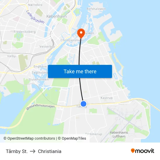 Tårnby St. to Christiania map