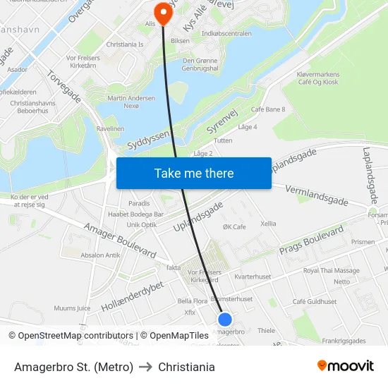 Amagerbro St. (Metro) to Christiania map