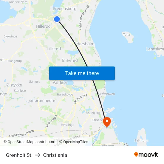 Grønholt St. to Christiania map