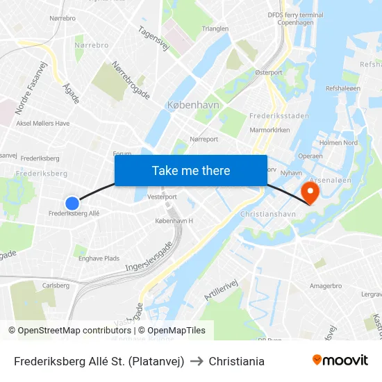 Frederiksberg Allé St. (Platanvej) to Christiania map
