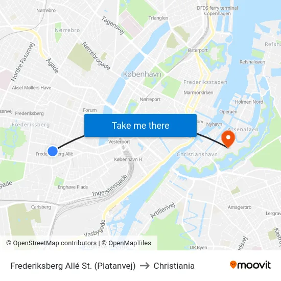 Frederiksberg Allé St. (Platanvej) to Christiania map