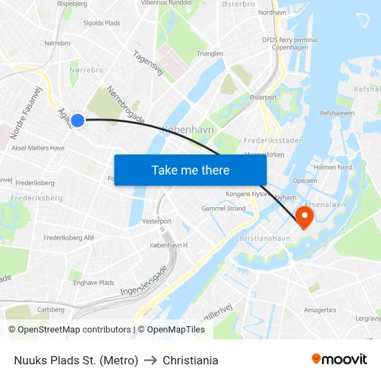 Nuuks Plads St. (Metro) to Christiania map