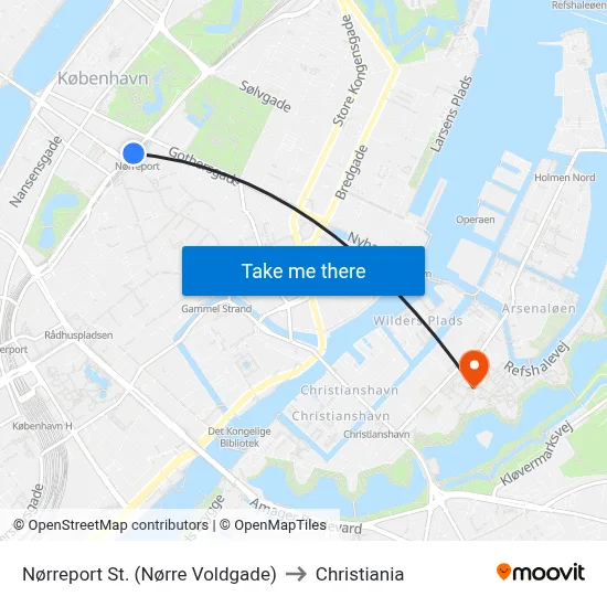 Nørreport St. (Nørre Voldgade) to Christiania map