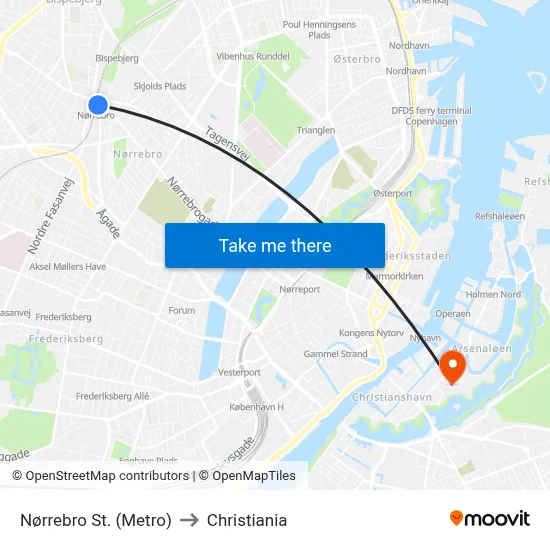 Nørrebro St. (Metro) to Christiania map