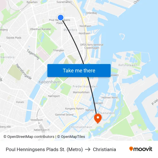 Poul Henningsens Plads St. (Metro) to Christiania map
